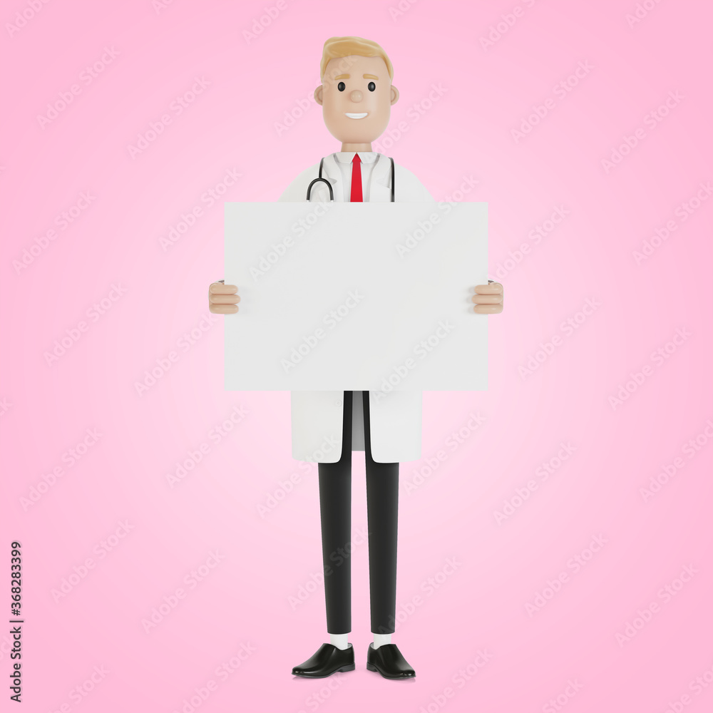 Medical specialist holding a blank poster. 3D illustration in cartoon style. Medical specialist holding a blank poster. 3D illustration in cartoon style.