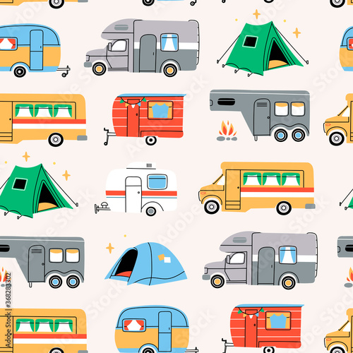 Colorful Campers RV and Tents. Various road home Trailers. Recreational vehicle. Camping caravan cars. Holiday trip concept. Country and nature vacation. Vector Seamless Pattern. Background, Wallpaper