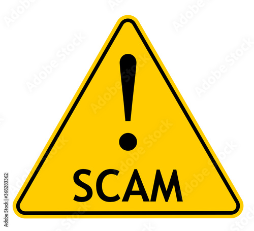 Vector illustration of yellow triangle warning sign with exclamation mark and SCAM text