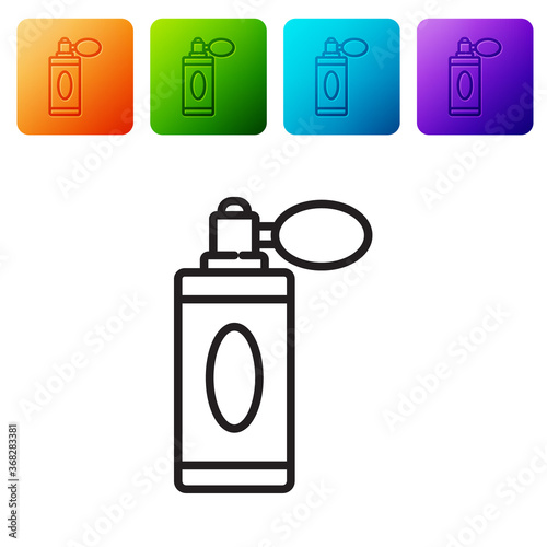 Black line Aftershave bottle with atomizer icon isolated on white background. Cologne spray icon. Male perfume bottle. Set icons in color square buttons. Vector Illustration.