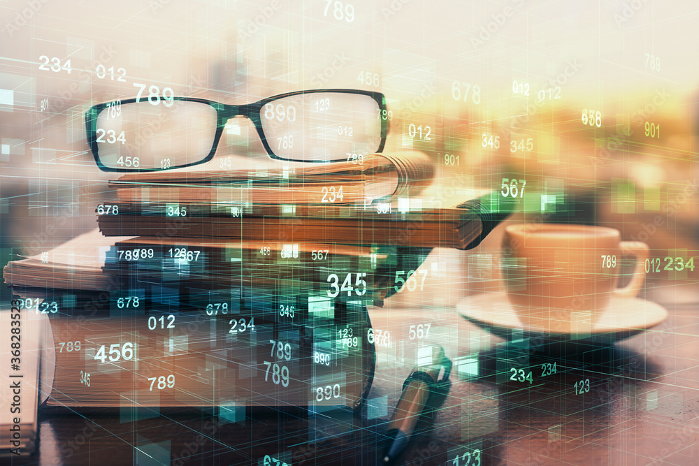 Data tech hologram with glasses on the table background. Concept of technology. Double exposure. Data tech hologram with glasses on the table background. Concept of technology. Double exposure.