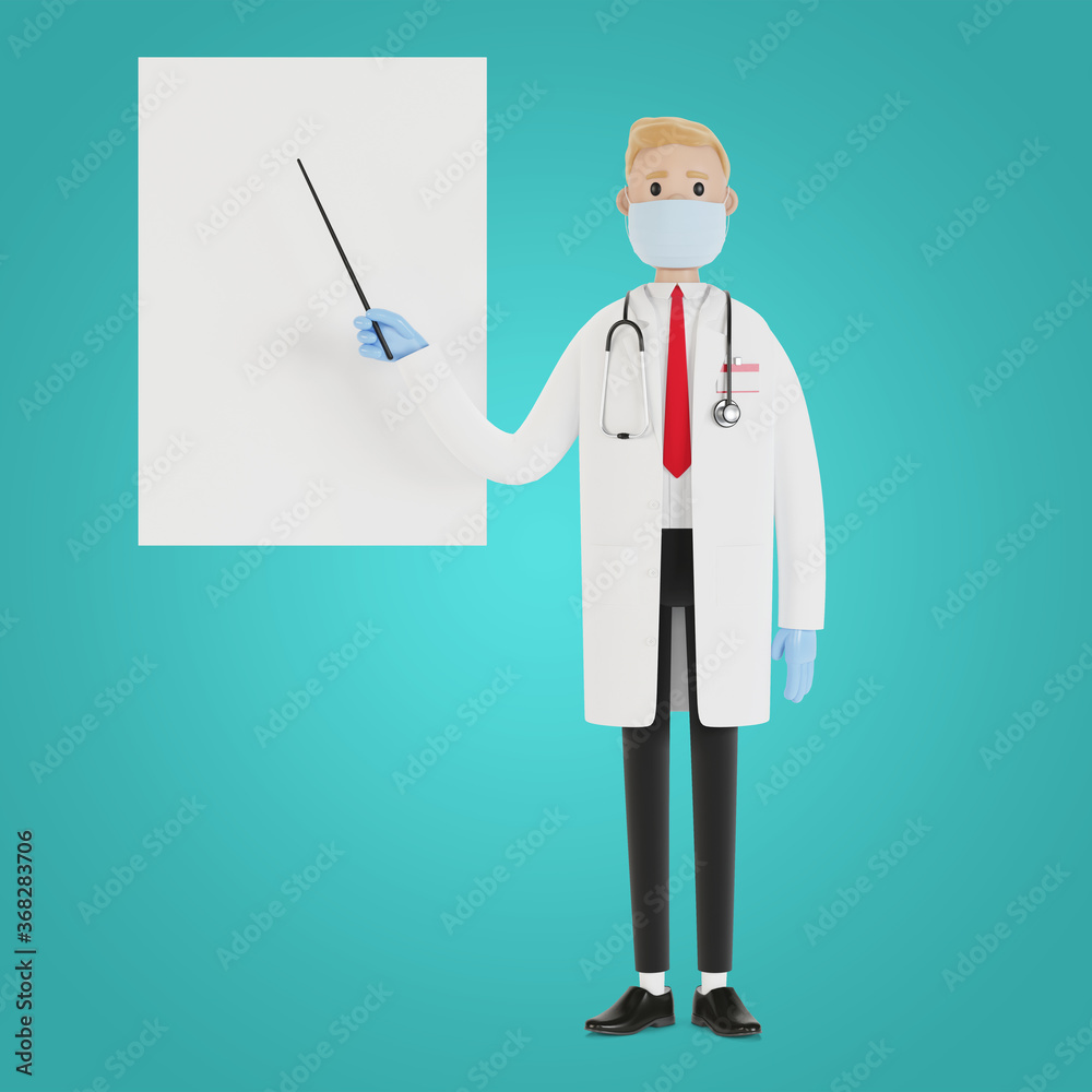 A male doctor stands and points to a presentation board. Vision test. 3D illustration in cartoon style. A male doctor stands and points to a presentation board. Vision test. 3D illustration in cartoon style.