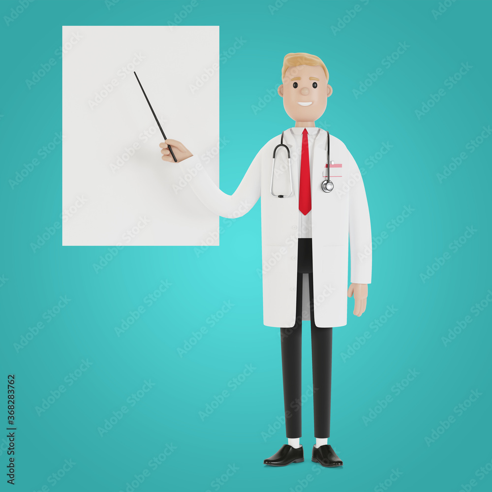 A male doctor stands and points to a presentation board. Vision test. 3D illustration in cartoon style. A male doctor stands and points to a presentation board. Vision test. 3D illustration in cartoon style.