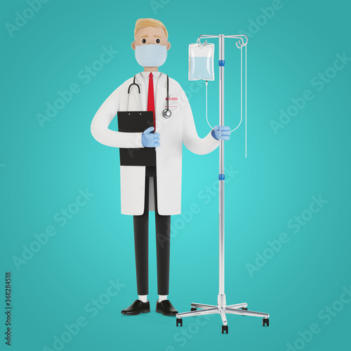 Doctor with a dropper. Toxicology, intexication, decontamination. Health care concept. Medical equipment. 3D illustration in cartoon style. photo