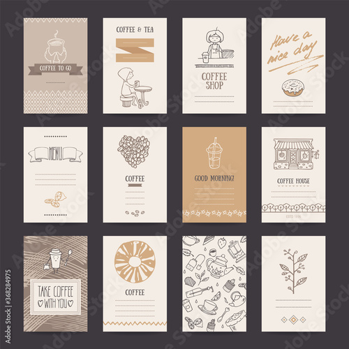 Coffee shop invitations, cafe business cards, menu pages, banners, flyers. Artistic design templates collection with hand drawn illustrations of hot drink, cold tea, barista girl, beverages pattern.