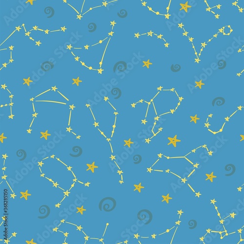 Seamless patterns of 12 zodiac signs. Vector illustration of the horoscope of the constellation. Night sky © Katisko