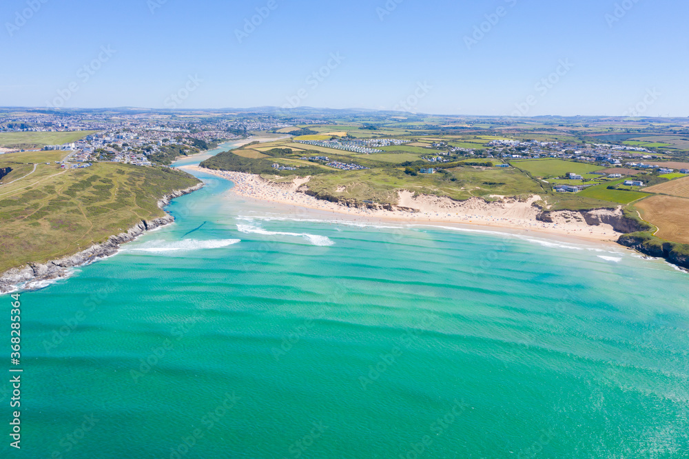 Aerial photograph of Crantock Beach and Pentire Head, Newquay, Cornwall, England