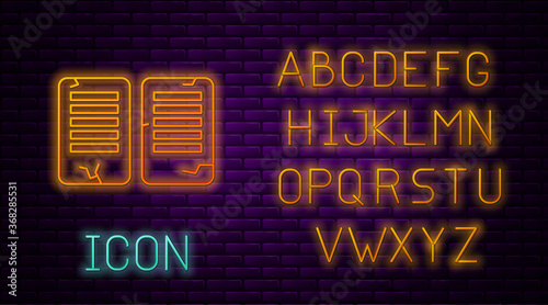 Glowing neon line The commandments icon isolated on brick wall background. Gods law concept. Neon light alphabet. Vector Illustration.