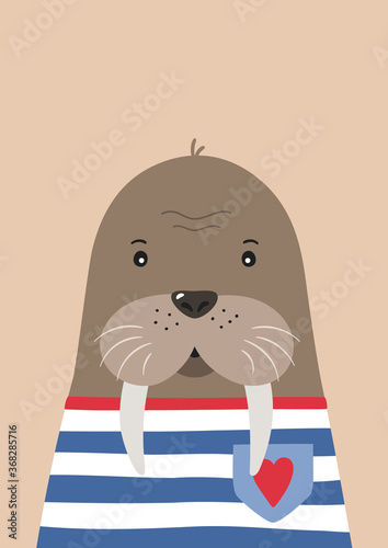 Cute walrus sailor. Poster for baby room. Childish print for nursery. Design can be used for kids apparel, greeting card, invitation, baby shower. Vector illustration.