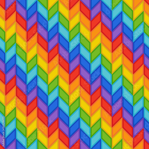 Geometric Seamless Pattern of Rainbow Stripes of Blue, Orange, Red, Green, Violet, Yellow Rhombs.