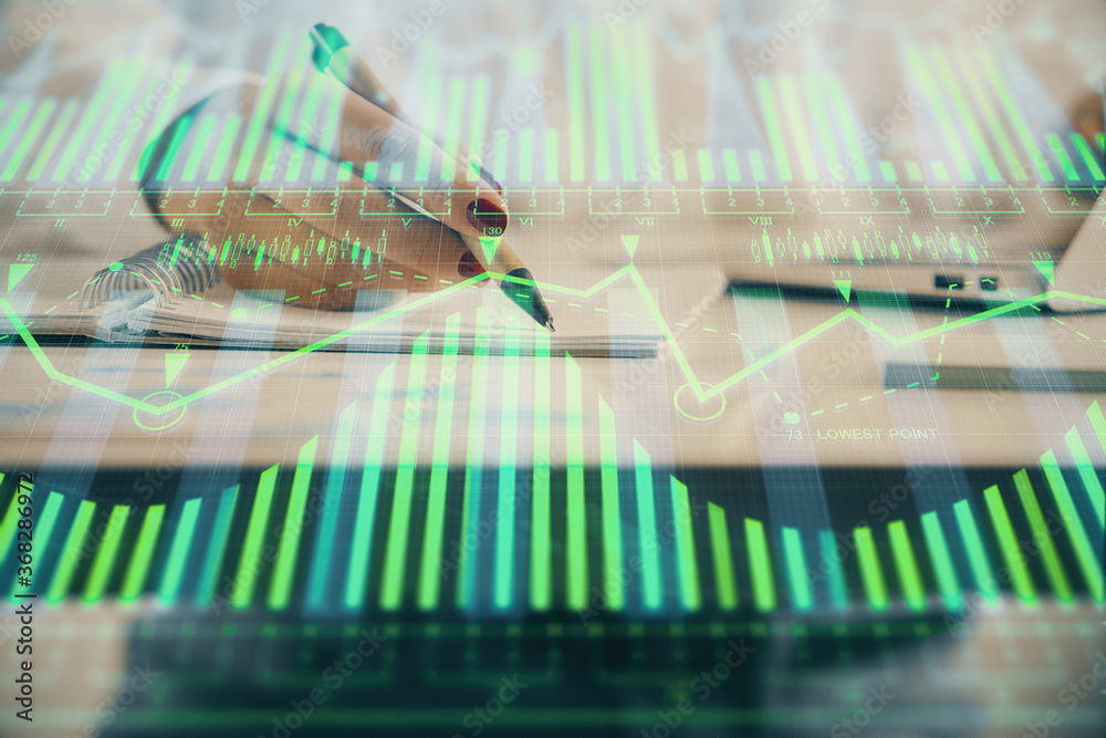 Multi exposure of woman's writing hand on background with data technology hologram. Concept of innovation. Multi exposure of woman's writing hand on background with data technology hologram. Concept of innovation.