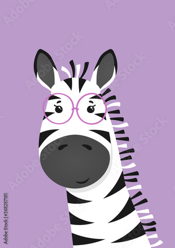 Cute zebra with glasses. Poster for baby room. Childish print for nursery. Design can be used for kids apparel, greeting card, invitation, baby shower. Vector illustration.