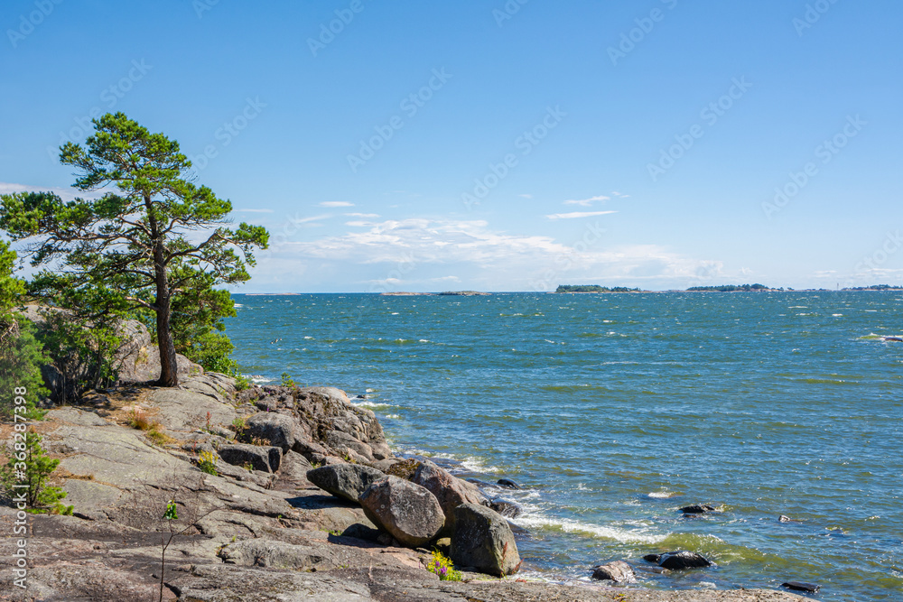 Coastal view of Pihlajasaari island, rocks and Gulf of Finland, Helsinki, Finland