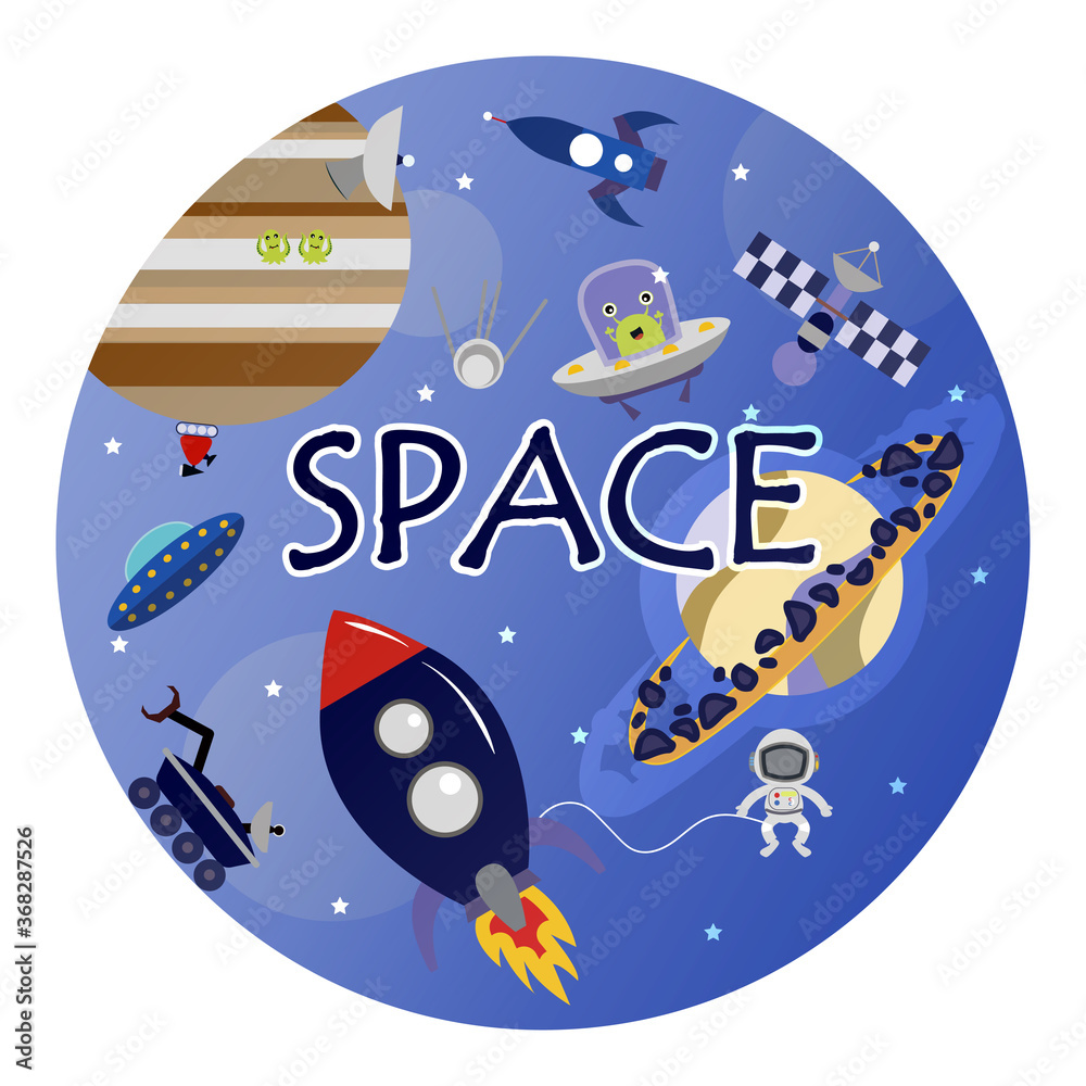 Cartoon space illustration with a rocket, astronaut, planets and aliens. Bright cute, children s drawing about spaceships, flying saucers and shuttles. Space with Saturn, Jupiter and stars