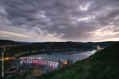 View from the view point called Kleine Kanzel at the german lake Edersee at sunset photo