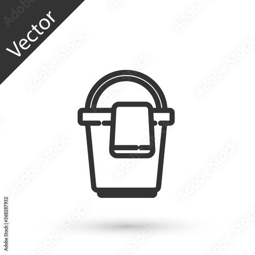 Grey line Bucket with rag icon isolated on white background. Cleaning service concept. Vector Illustration.
