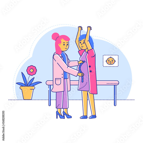 Woman pregnant character therapist doctor appointment, line female gynecologist conducts test isolated on white, flat vector illustration. Medical examination room, prenatal inspection.