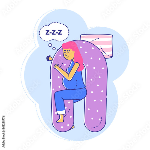 Special comfortable medical pillow for pregnancy, line woman with late gestation period sleep isolated on white, flat vector illustration. Health mother and child, wholesome falling asleep.