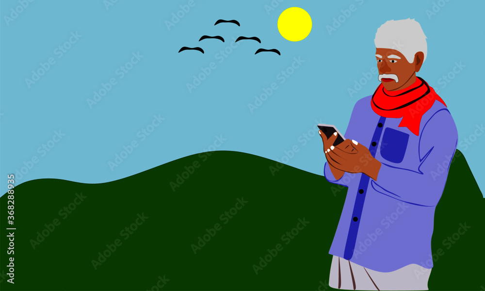 An indian poor village old man farmer cartoon illustration watching mobile  phone at natural colorful background. Stock Vector | Adobe Stock