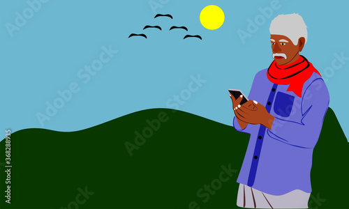 An indian poor village old man farmer cartoon illustration watching mobile phone at natural colorful background.
