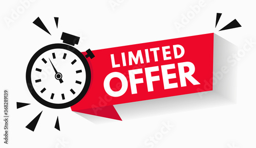 Last minute limited offer with clock for sale promo, button, logo or banner or red background. Hurry up sale label with time countdown for limited offer sale or exclusive deal. Special offer badge V2 photo