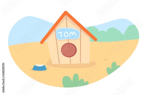 Wooden doghouse with nameplate Tom, food bowl