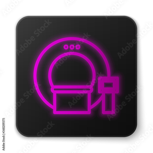 Glowing neon line Tomography icon isolated on white background. Medical scanner, radiation. Diagnosis, radiology, magnetic resonance therapy. Black square button. Vector Illustration.