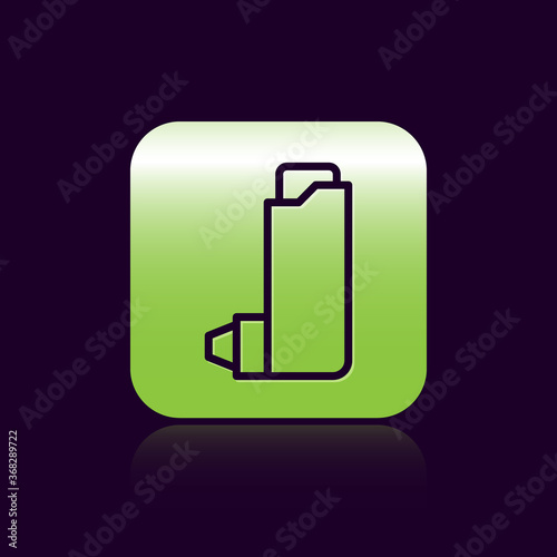 Black line Inhaler icon isolated on black background. Breather for cough relief, inhalation, allergic patient. Green square button. Vector Illustration.