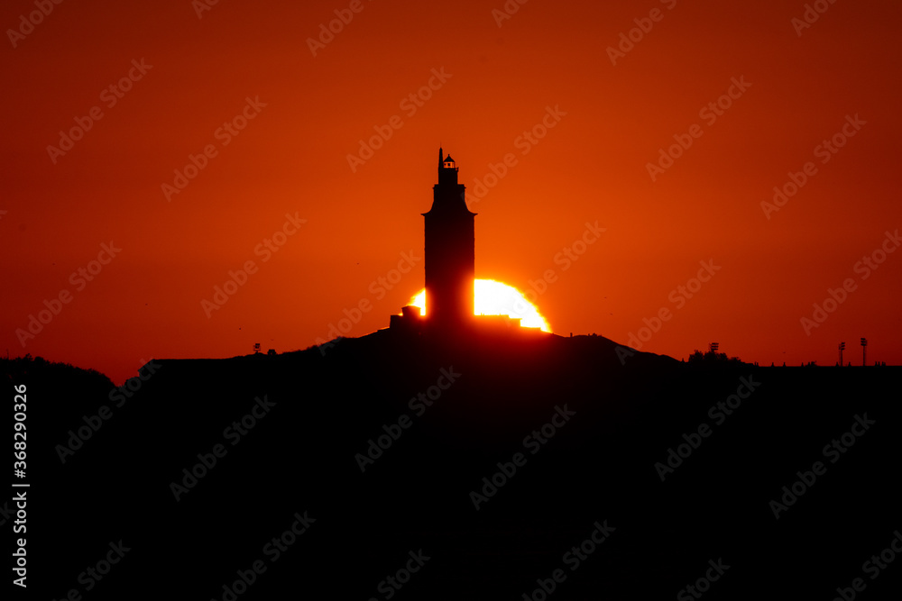 Summer sunset on the Tower of Hércules, UNESCO World Heritage Site, Galicia, Spain