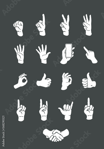 Set of hands counting, holding smartphone, pointing, showing gestures, O.K., handshake. Hand drawn vector illustration in light tone on dark grey background