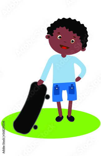 a boy with a skateboard isolated on a white background of African American origin