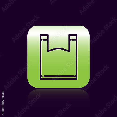 Black line Plastic bag icon isolated on black background. Disposable cellophane and polythene package prohibition sign. Green square button. Vector Illustration.