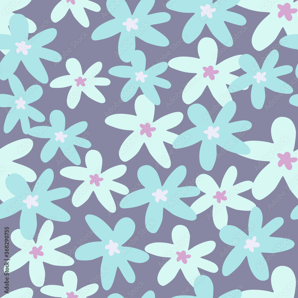 Random seamless botanic pattern with daisy flowers. Blue floral elements on purple background. Random seamless botanic pattern with daisy flowers. Blue floral elements on purple background.