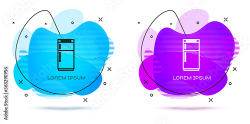 Line Refrigerator icon isolated on white background. Fridge freezer refrigerator. Household tech and appliances. Abstract banner with liquid shapes. Vector Illustration.