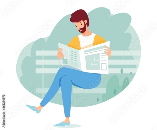 Vector man reading newspaper on bench in park