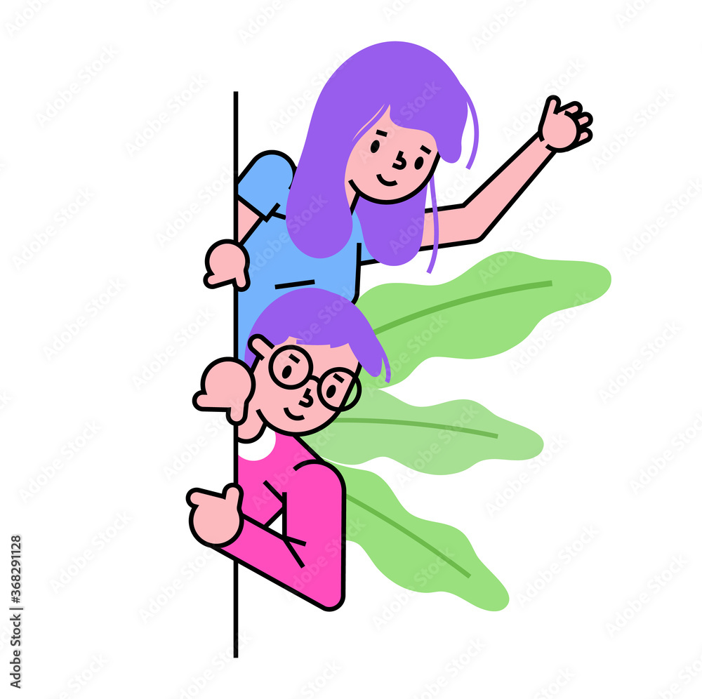 Male female character point to bottom, curious peeping down, people together indicate isolated on white, flat vector illustration. Concept wonderful cute population, leaf background. Male female character point to bottom, curious peeping down, people together indicate isolated on white, flat vector illustration. Concept wonderful cute population, leaf background.