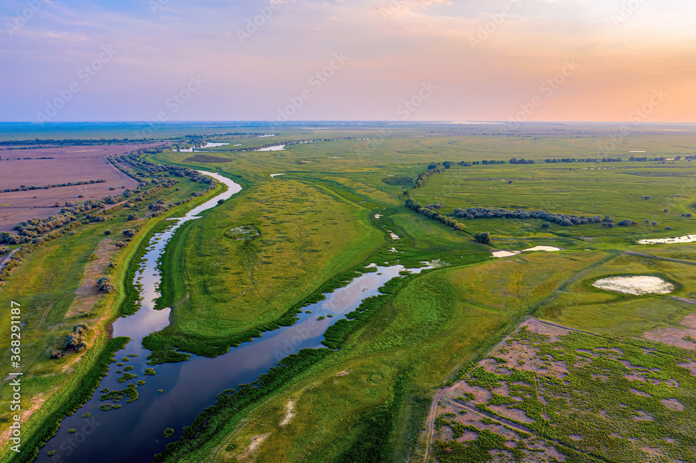 Aerial panorama of the rivers of the Astrakhan region in the summer. High quality photo