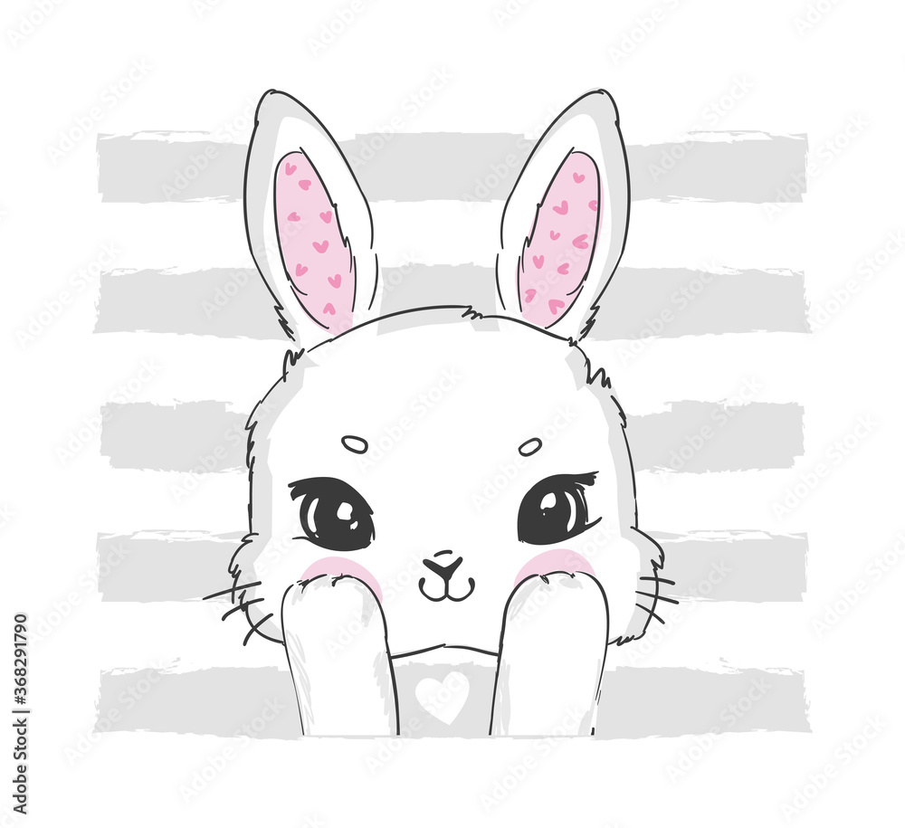 Cartoon rabbit. Hand Drawn Cute Bunny isolated on white background. Print  design rabbit. Children Print on t-shirt. Vector illustration Stock Vector  | Adobe Stock