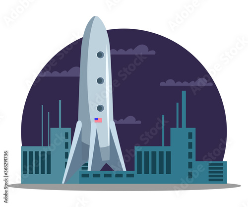 Cosmic rocket or shuttle spacecraft on cosmodrome