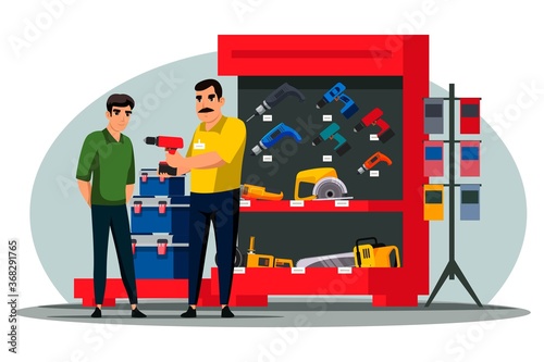 Man character choose drill at carpentry tools shop