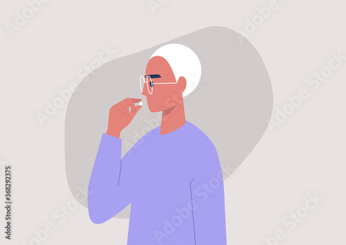 Young male character taking a pill, vitamins or painkillers, prescription drugs, medicine