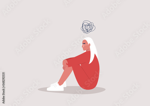 Young depressed female character sitting on the floor and holding their knees, a cartoon scribble above their head, mental health issues