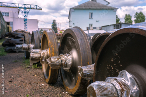 New railway wheelsets are stored in the car repair depot