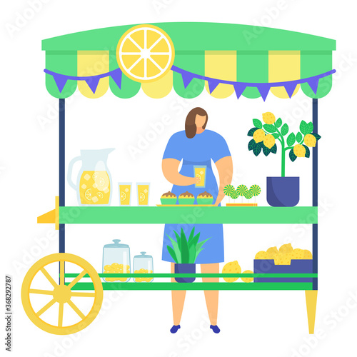 Woman character sell homemade lemonade, street market kiosk with lemon tree, self grown lime isolated on white, flat vector illustration. Decorated stall with lemon slice, farmer organic food.