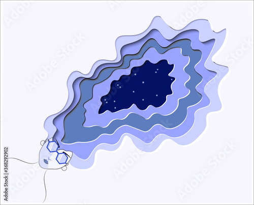 Modern girl with stylish hexagonal goggles, lipstick, ear rings and with long hair in a paper cutout representation.Hand drawn monochromatic abstract vector illustration with enough negative space.