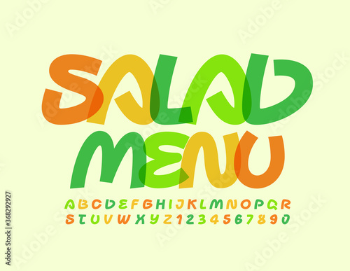 Vector bright template Salad Menu. Colorful creative Font. Handwritten Alphabet Letters and Numbers