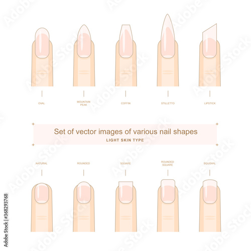 Set of vector images of various nail shapes for light skin type