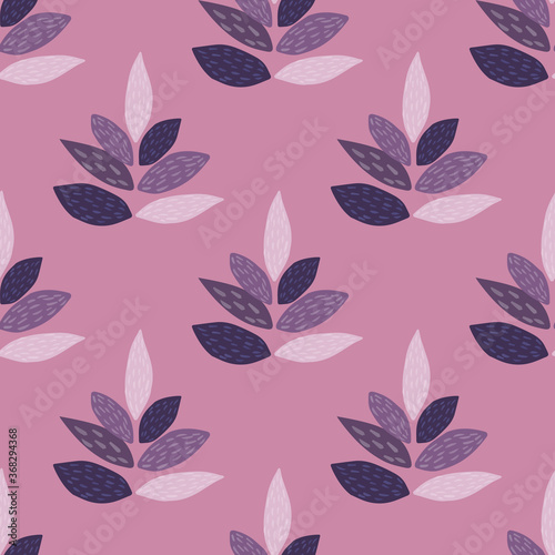 Leaves silhouette seamless floral pattern. Botanic elements and background in purple and lilac colors.