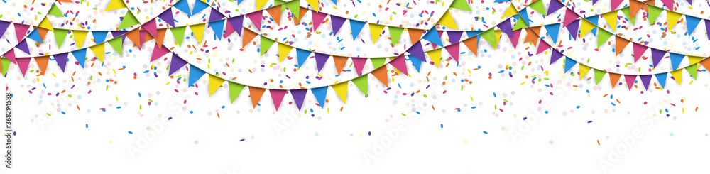 seamless colored garlands and confetti background - obrazy, fototapety, plakaty 