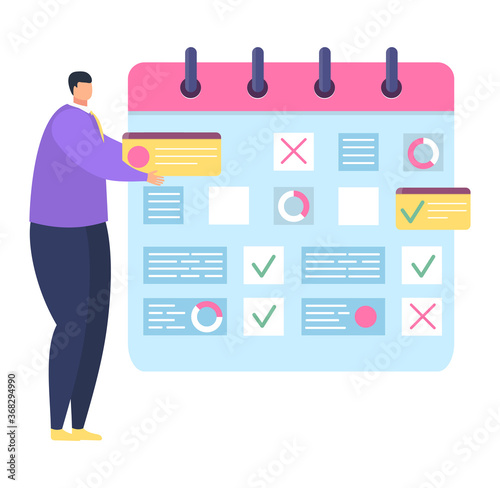 Tiny male character stand business scheduler, professional time manager isolated on white, flat vector illustration. Info industry business task, company coach planner, labor period control.